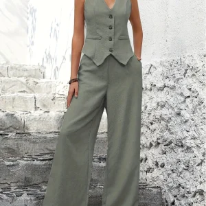 Dames Co-ord Set Zomer met Mouwloos Gilet en Lange Pantalon