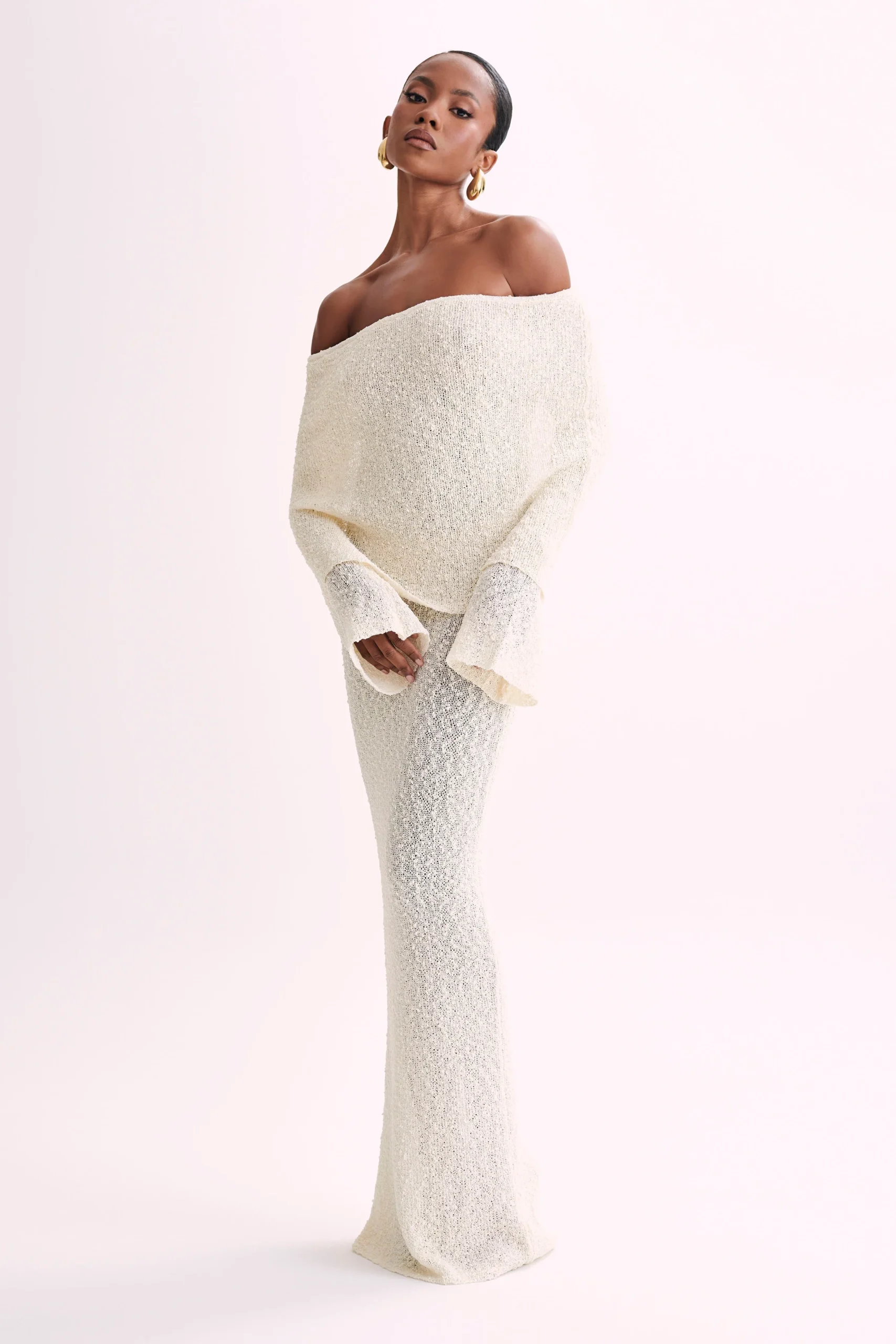 Angel | Bouclé Off-Shoulder Maxi Jurk