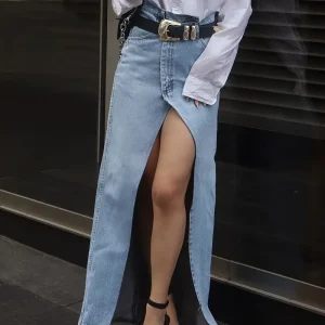 Giada | Denim Maxi Rok Dames – Hoge Taille & Split Voorzijde