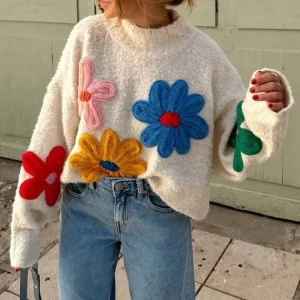Evelien | Gebreide Bloemen Trui Dames – Elegant & Comfortabel