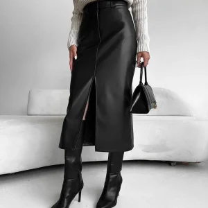 Barea | Trendy Hoge Taille Maxi Rok Zwart - Hoogwaardige Vegan Imitatieleer