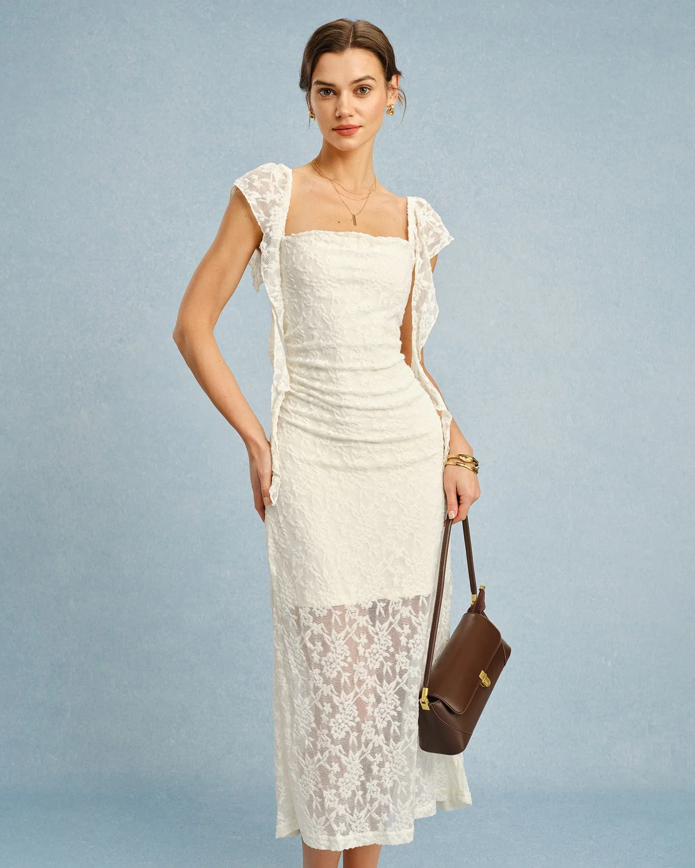 Ava | Getextureerde Midi-jurk Dames - Stijlvolle Ruches en Kant