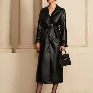 Rianne | Zwarte Lange Trenchcoat van Imitatieleer Dames