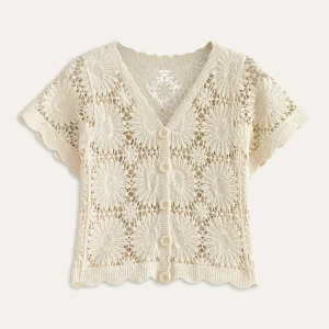 Isma | Trendy Top - Gebreid Vestje met Bloemen & Knopen – Katoenmix