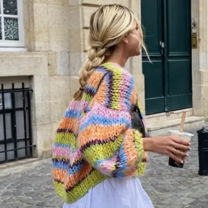 Emily | Open Trui Met Strepen En Pofmouwen - Zacht en Comfortabel