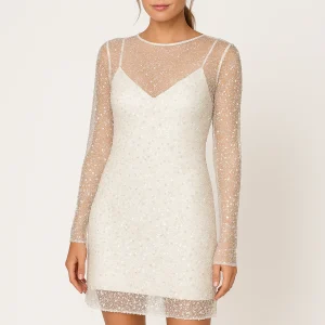 Eline | Slim Fit Pailletten Mini Jurk - Transparante Mesh