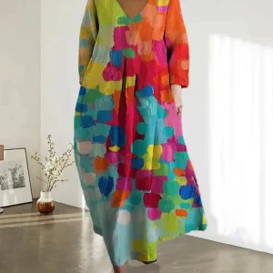 Dames Lange Jurk met V-hals en Kleurrijke Print