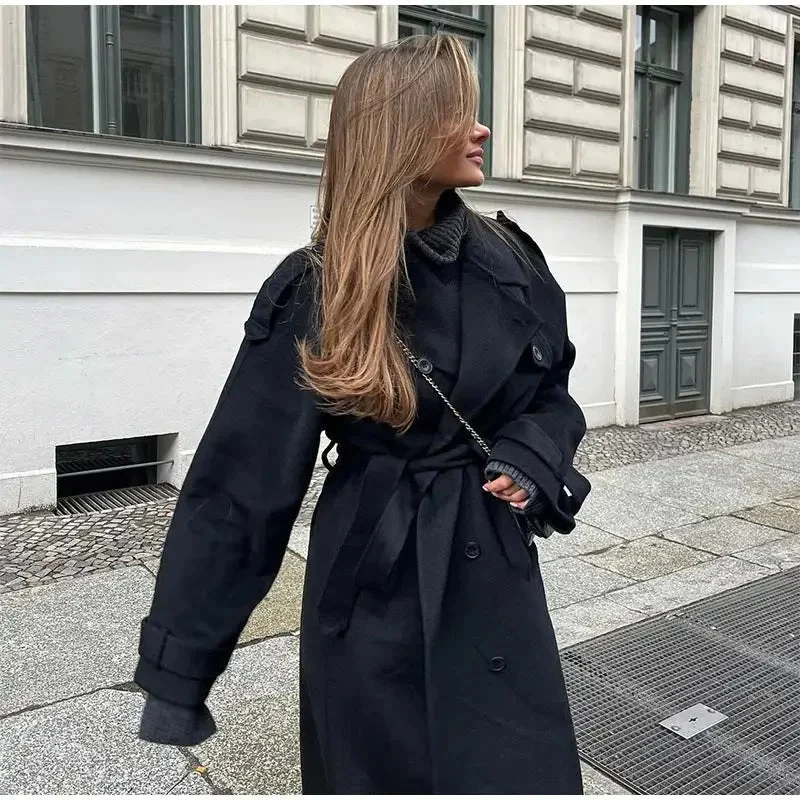 Dames Lange Trenchcoat Oversized met Dubbele Knopen en Reverskraag - Afbeelding 4