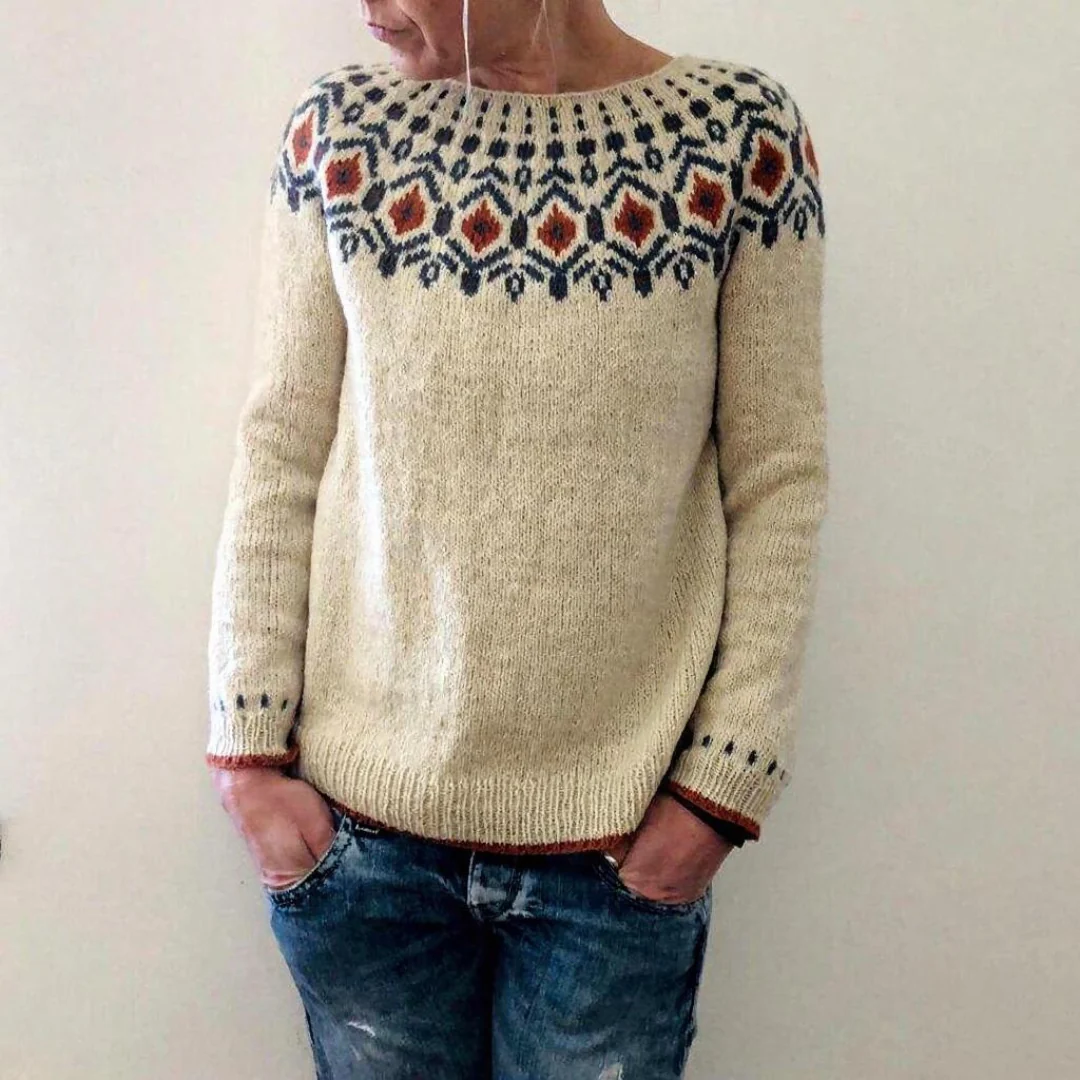 Dames Trui met Ronde Hals en Scandinavisch Geometrisch Patroon - Afbeelding 4