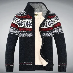 Heren Gebreid Fleece Vest met Winter Patroon en Hoge Kraag