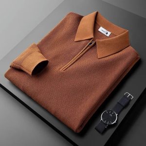 Heren Polo Shirt Wafelstructuur met Lange Mouwen en Kwart-Zip