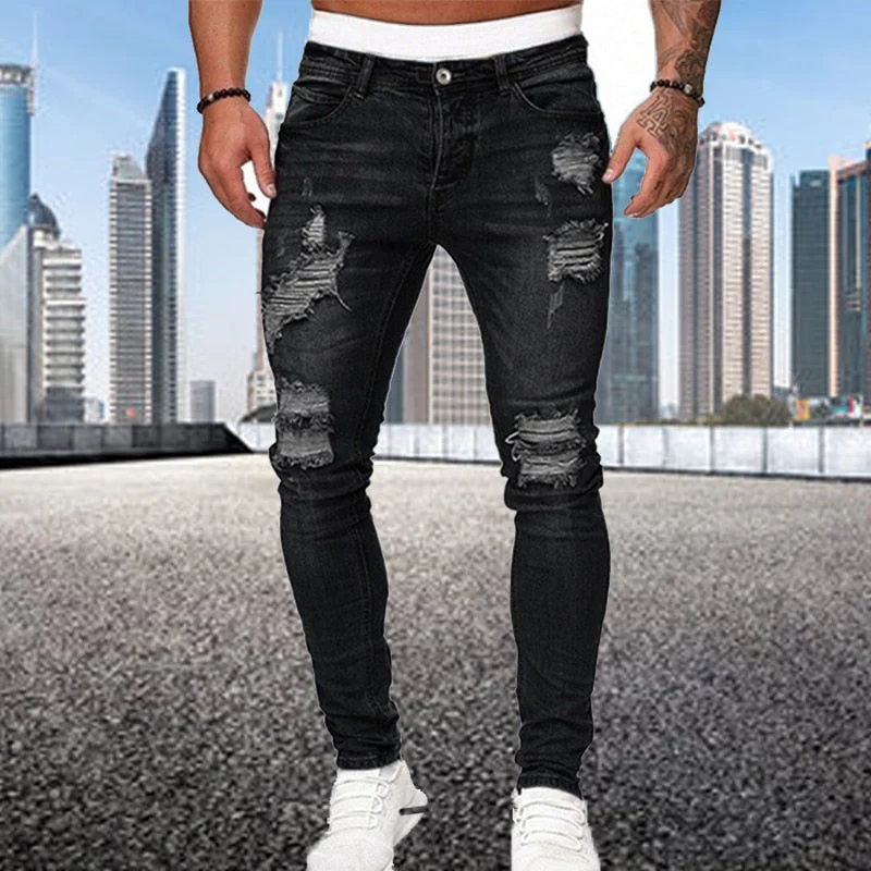 Heren Jeans Slim Fit met Ripped Details en Rechte Pijpen