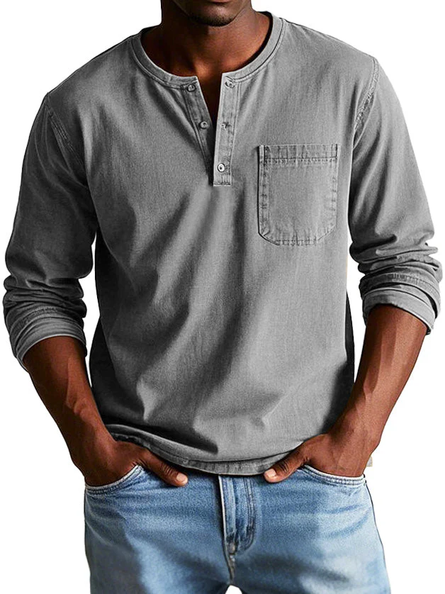 Heren Casual Henley T-shirt met Knopen en Borstzak