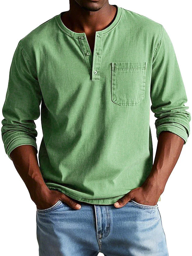 Heren Casual Henley T-shirt met Knopen en Borstzak - Afbeelding 3