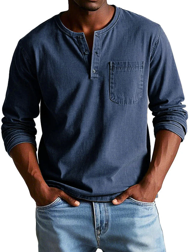 Heren Casual Henley T-shirt met Knopen en Borstzak - Afbeelding 8