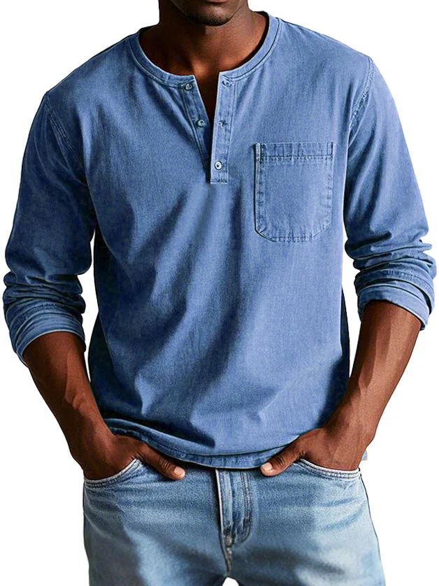 Heren Casual Henley T-shirt met Knopen en Borstzak - Afbeelding 9