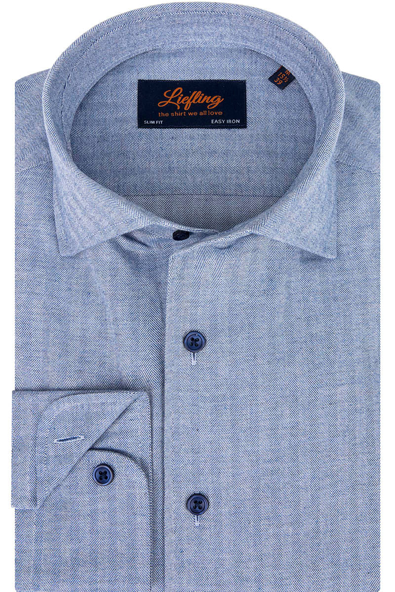 Liefling Overhemd Lichtblauw Herringbone Flanel One Piece Boord Slim Fit - Afbeelding 3