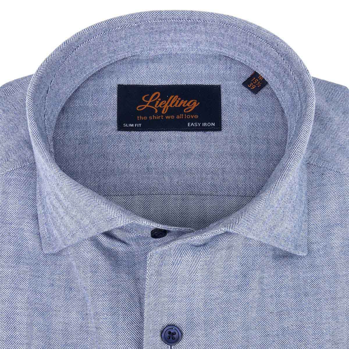 Liefling Overhemd Lichtblauw Herringbone Flanel One Piece Boord Slim Fit - Afbeelding 4