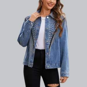Oxy | Denim Jas Dames met Pareldetails en Franjes