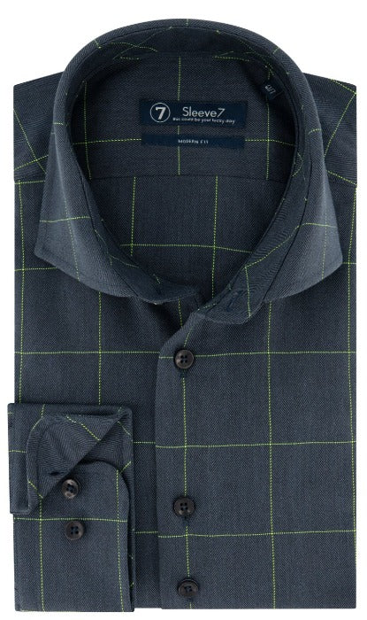 Sleeve7 Heren Overhemd Navy Geruit Herringbone Widespread Modern Fit - Afbeelding 2