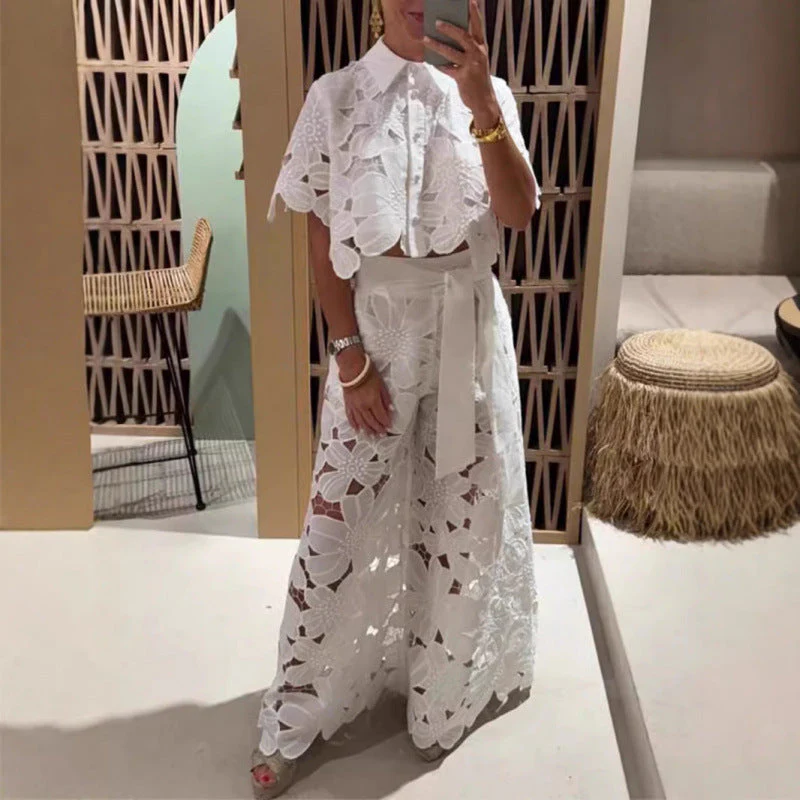 Juls | Witte Zomerse Set - Kant Crop Top met Wijde Broek