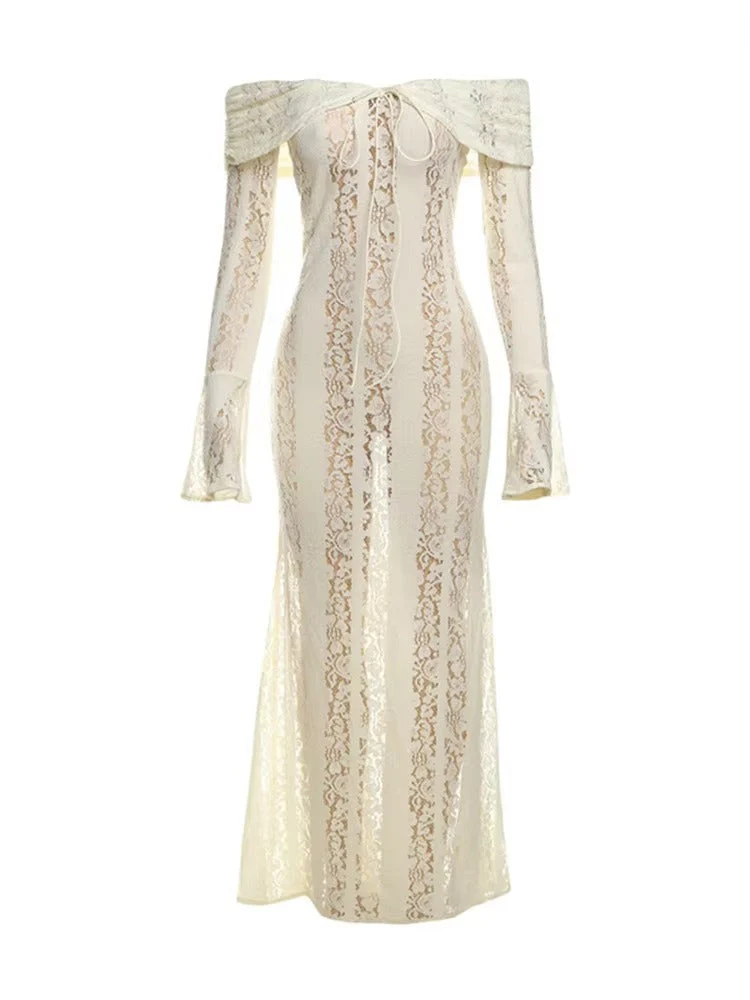 Suus | Luxe Off-Shoulder Maxi Jurk van Kant - Afbeelding 4