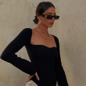 Joy-Ann | Zwarte Gebreide Body Top met Vierkante Hals