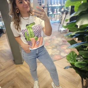 T-shirt ronde hals-Cowgirl wit. paars/green