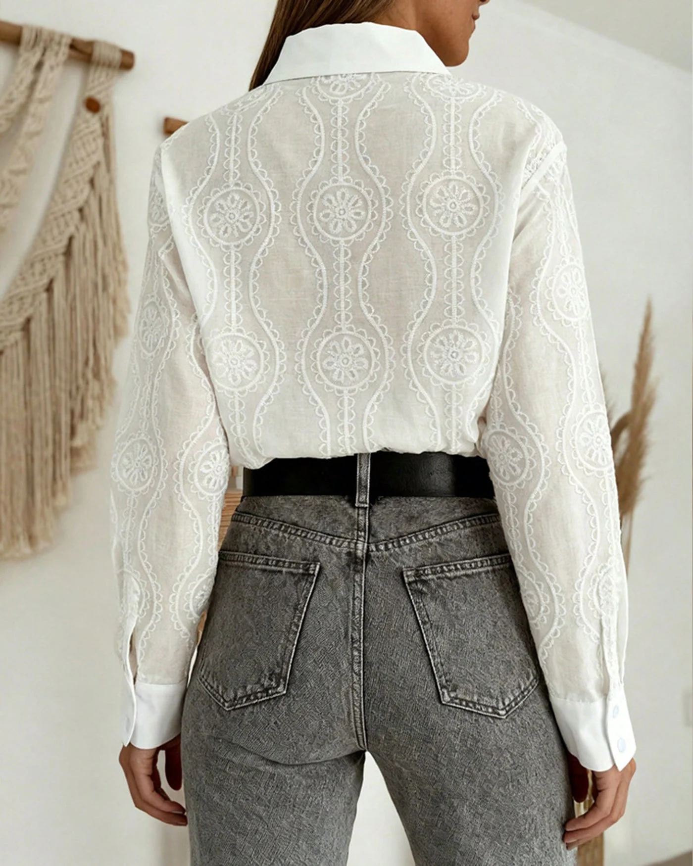 Winea | Trendy Blouse Dames - Geweven Knoop Kraag, Casual Geometrisch Patroon - Afbeelding 5