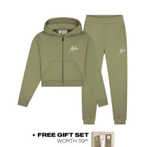 Malelions Women Cropped Signature Tracksuit | Army Green