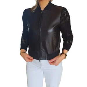 Zwarte Leren Bomber Jacket – Leer & Gebreide Viscose | The Jackie Leathers Italië
