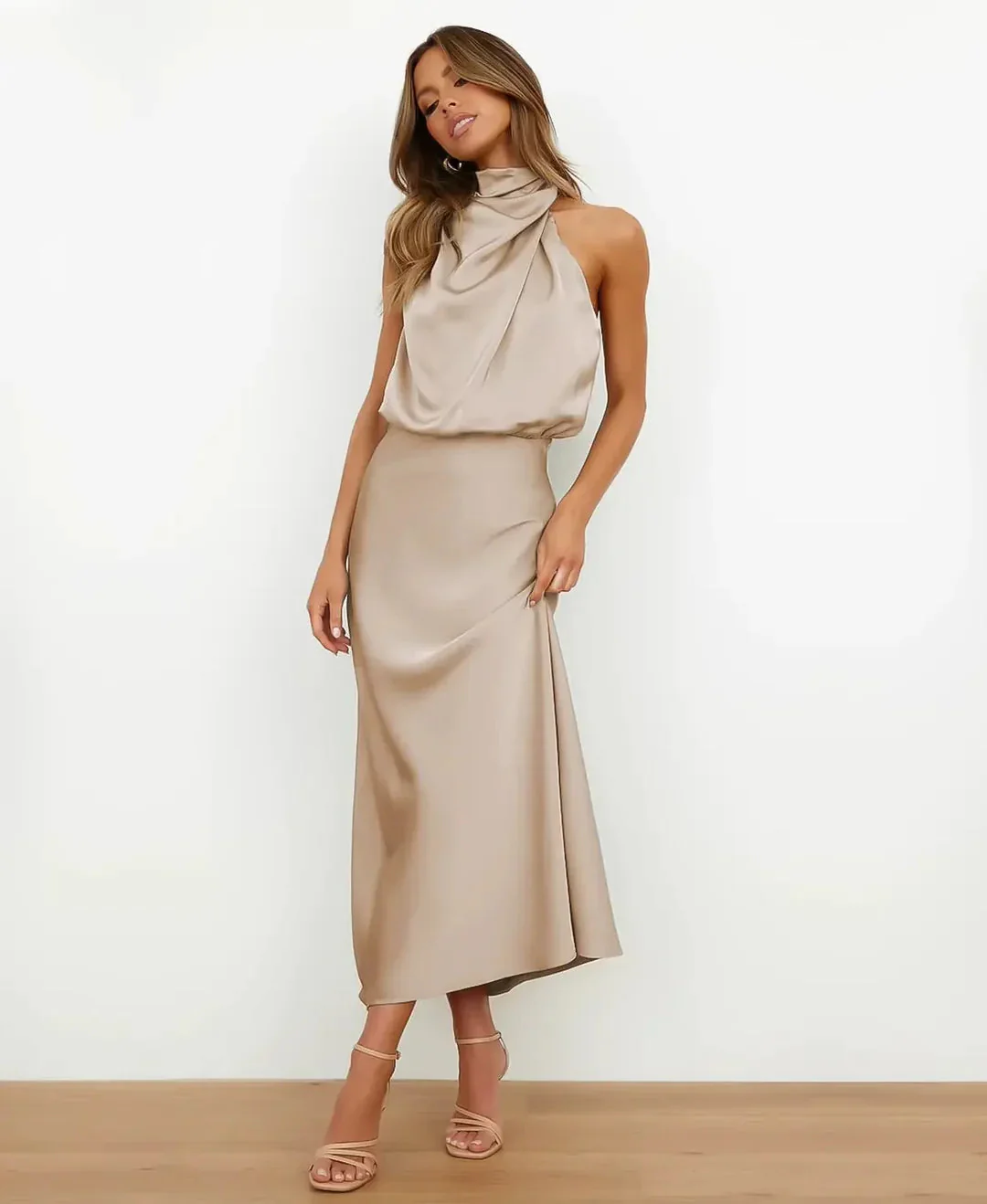 Dames Halter Midi Jurk Mouwloos