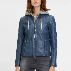 Blauwe leren damesjas met capuchon – Alice