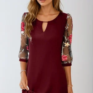 Dames Mini Jurk met Geborduurde Mesh Mouwen