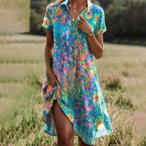 Dames Zomerjurk met Bloemenprint en Korte Mouwen