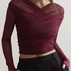 Vintage Look Geplooide Mesh Top met Lange Mouwen