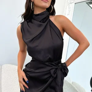 Ellisa | Satijnen Stof Mini Jurk voor Dames - Halter Strik en Mouwloos