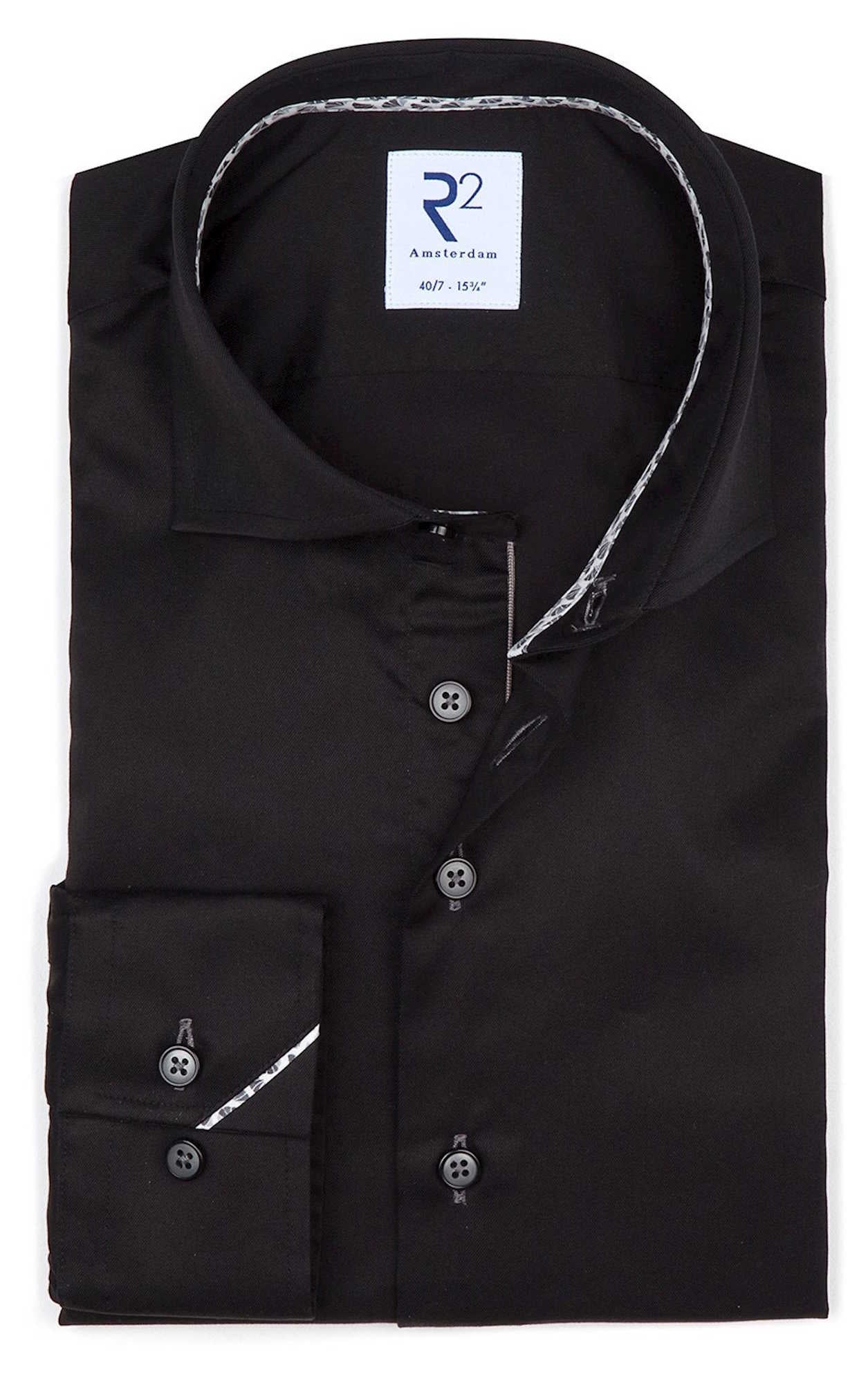 R2 Amsterdam Heren Overhemd Zwart Twill Modern Fit - Afbeelding 2