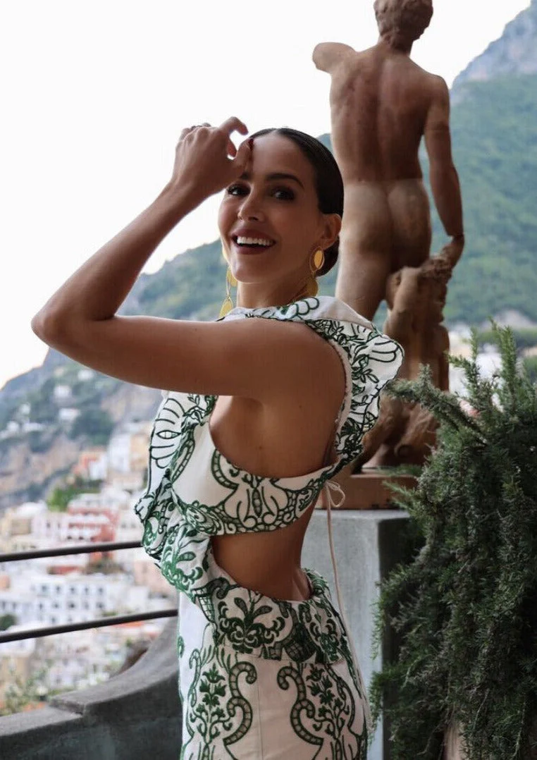 Amalia | Lange Katoenen Zomerjurk met Open Rug – Wit-Groen - Afbeelding 9