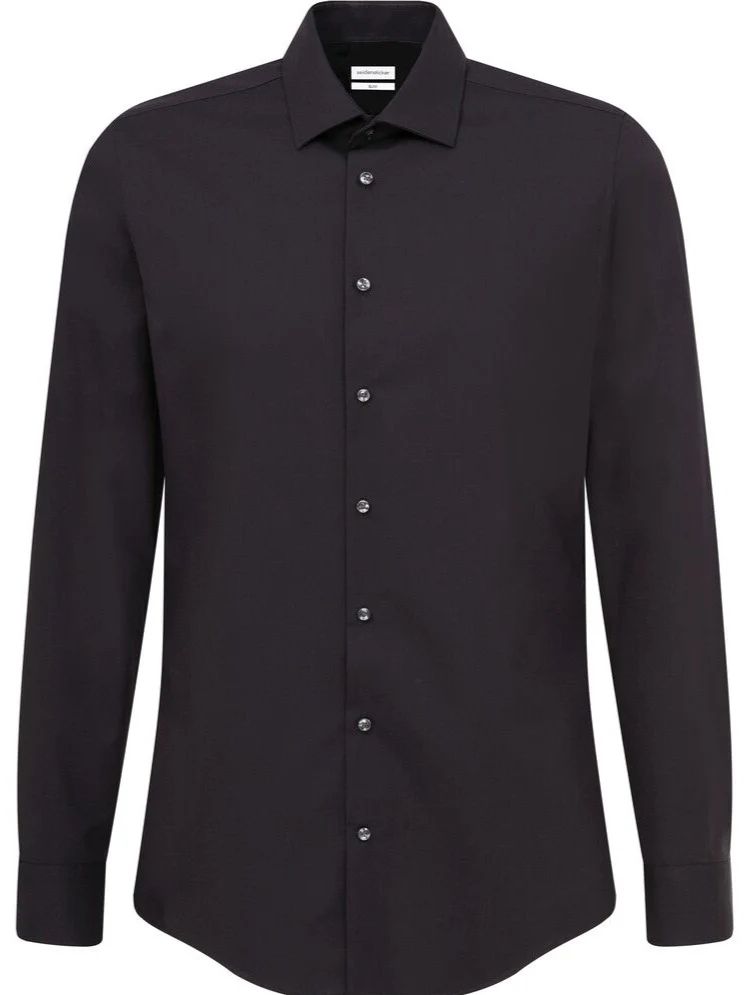 Seidensticker Heren Overhemd Zwart Poplin Kent Slim Fit ML7 Extra Lang