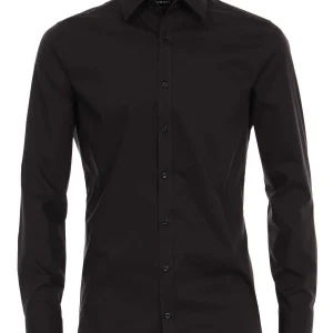 Venti Heren Overhemd Zwart Poplin Body Fit ML7